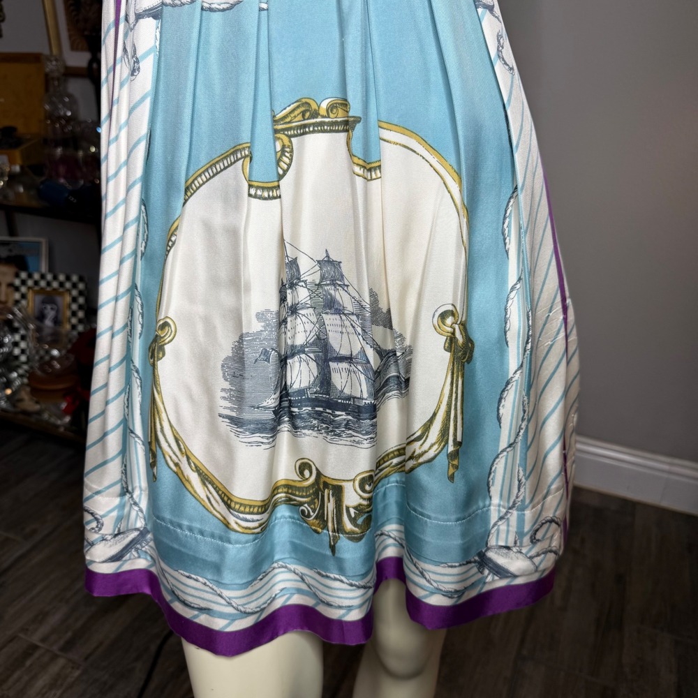 Leifsdottir Nautical Ship 100% Silk Dress Womens Size 4 Blue White Purple - Picture 3 of 10